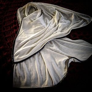 Elegant Textured Cream Light Blanket Shawl with Brown P-Leather Trim